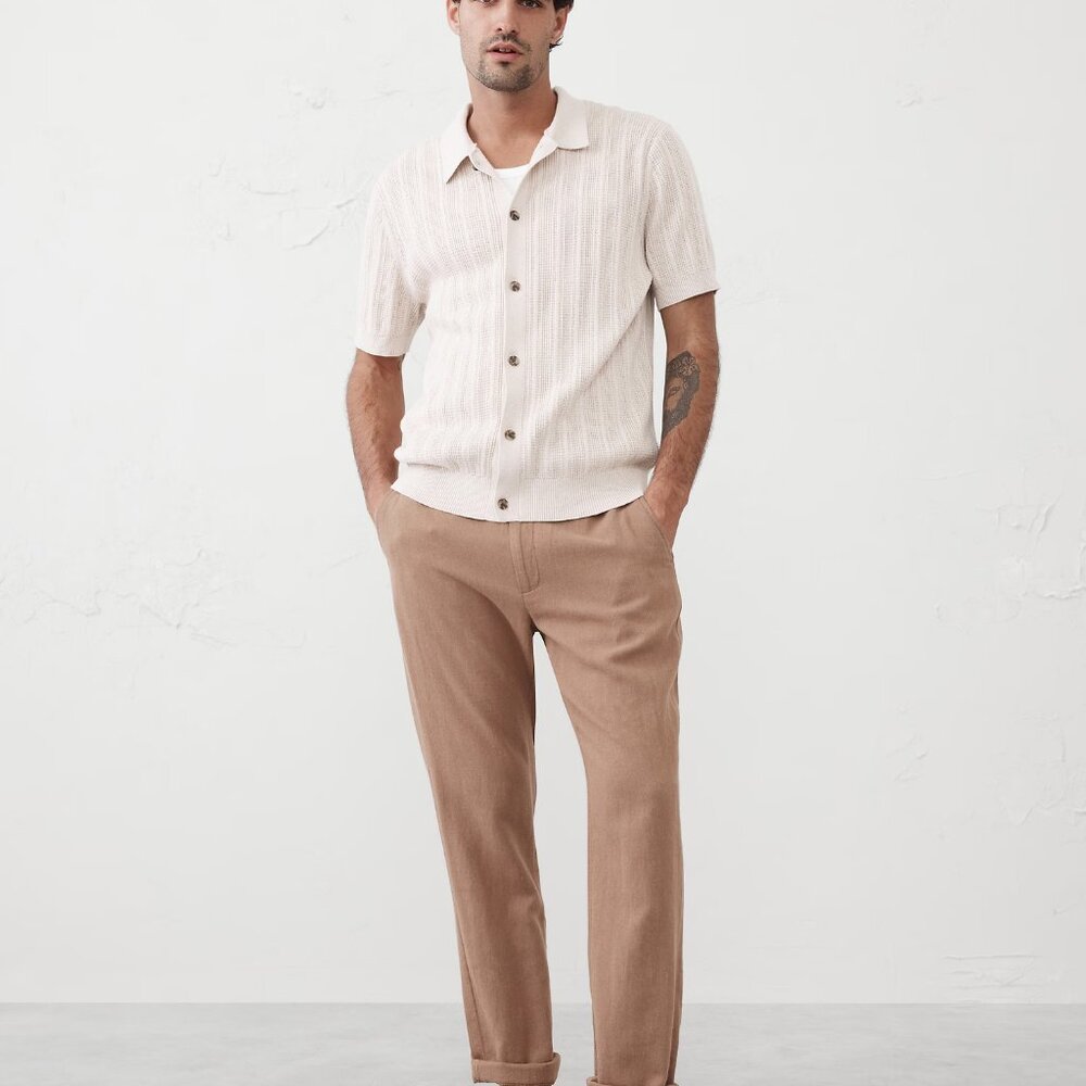 Banana Republic Men's Textured Front Button-Down Beige Polo Shirt - Large - NWT